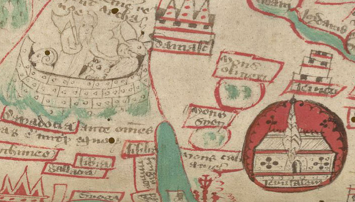 The Higden map detail showing Jerusalem and Noah's arc.