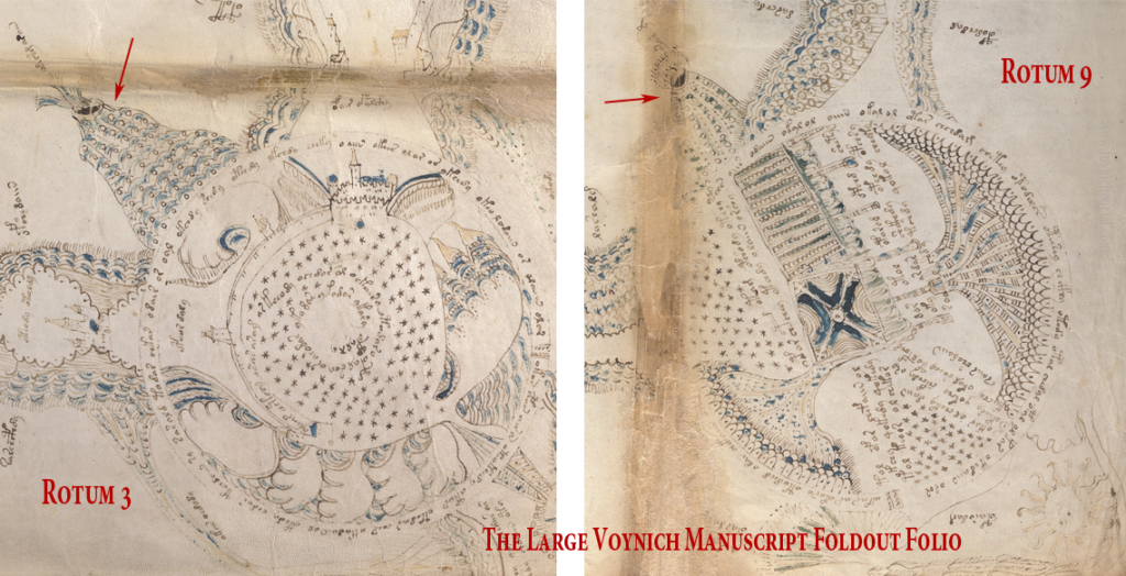Voynich Manuscript "map" foldout and textured triangular structures