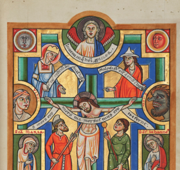 Hildesheim manuscript image of the crucifixion, c. 1170.