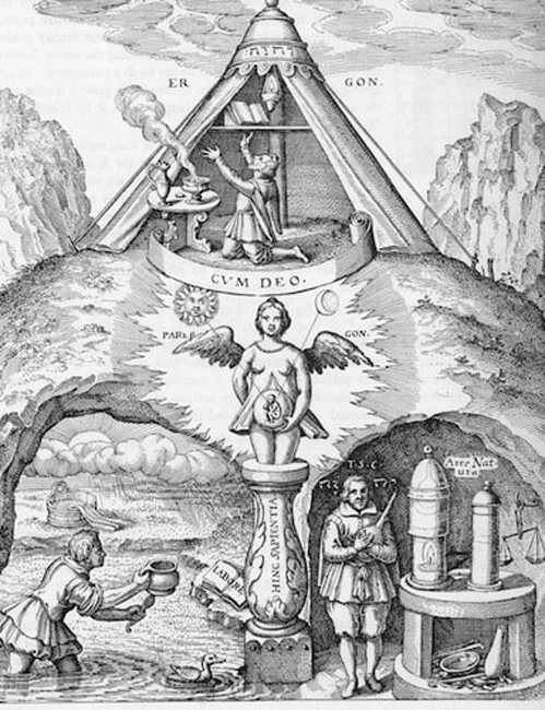 Alchemical symbolism, tent on sacred mountain, secret societies.