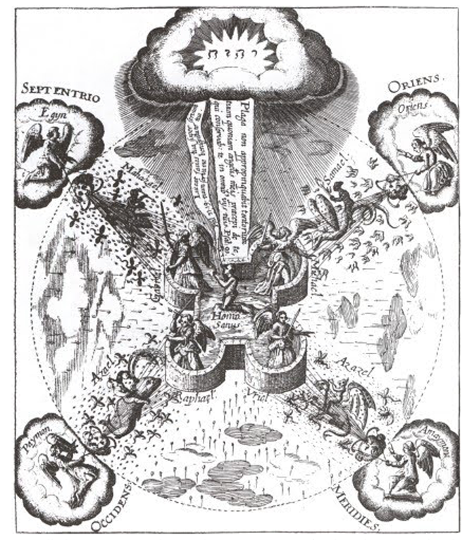 Archaengels fighting off demons and plagues, with the alchemist in the center. Robert Fludd.