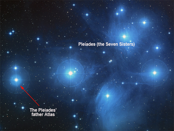 Star chart of Pleiades (the seven sisters) and their father Atlas.