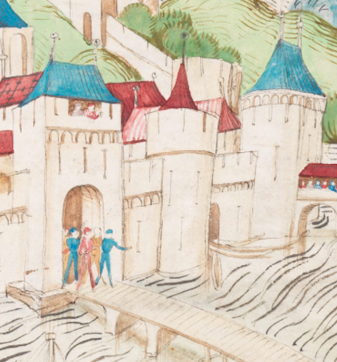 Examples of two forms of saddleback portal towers in the 15th-century Berner Chronik, c. 1480.