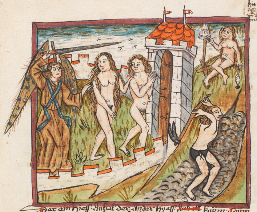 Manuscript illumination, Adam & Eve driven from Paradise through a saddleback portal tower with flag finials.