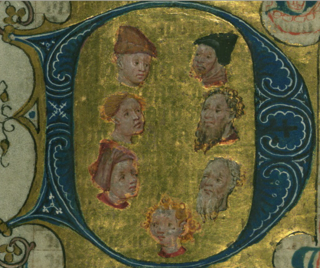 Ages of Man illustrated within a historiated initial in a 15th century manuscript from Utrecht.