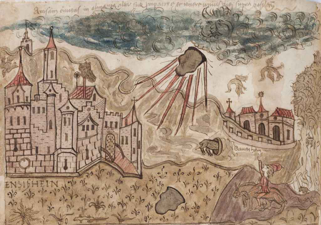 Meteorite falling to earth at Ansißhein in eastern France in 1492.