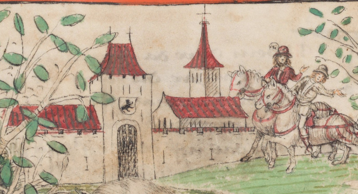 Example of a saddleback portal tower with finials in the Berner Chronik, created c. 1480.
