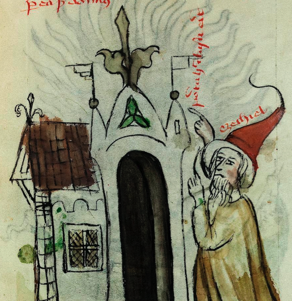 Manuscript Vatican Pal. lat. 871 illustration of a portal gate with flag finials.