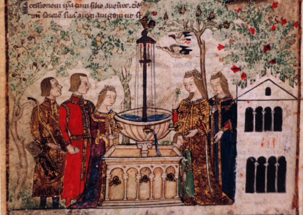 Cocharelli Family Codex courtly scene around a garden fountain.