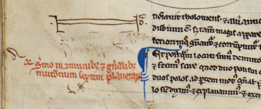 Example of Nota symbol with old-style "a" stretched horizontally in the margin of BL Harley MS 1.