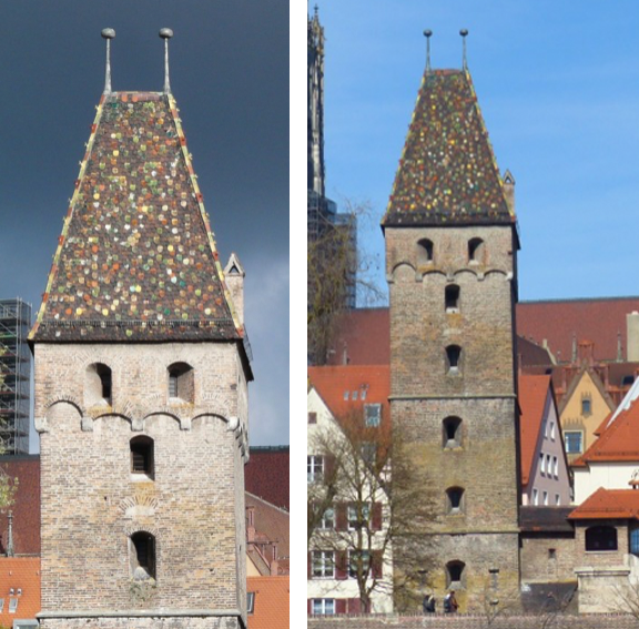 Hip Gable "saddleback" roof on the Butcher's Tower, 1349, Ulm, Germany
