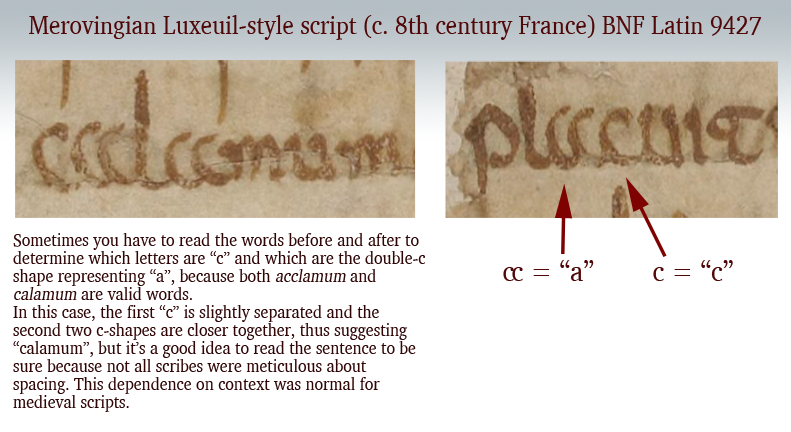 Palaeographic example of the double-c form of "a" in an early medieval manuscript from France.
