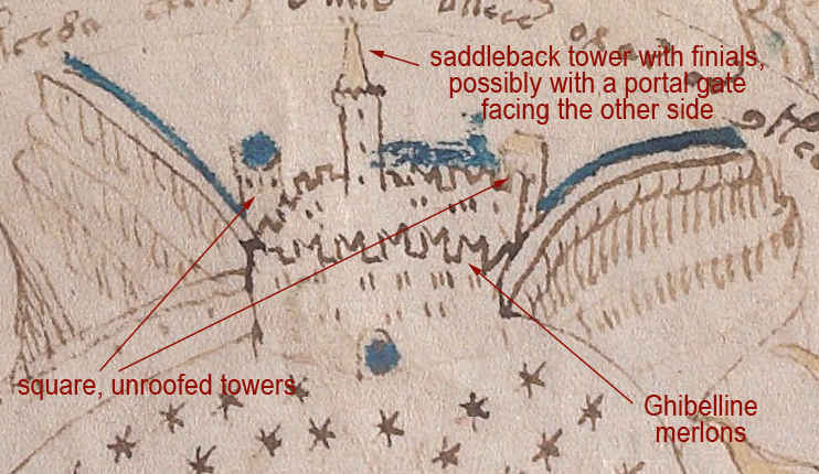 Voynich Manuscript "map" folio showing saddleback towers and Ghibelline merlons, possibly on a steep hill.
