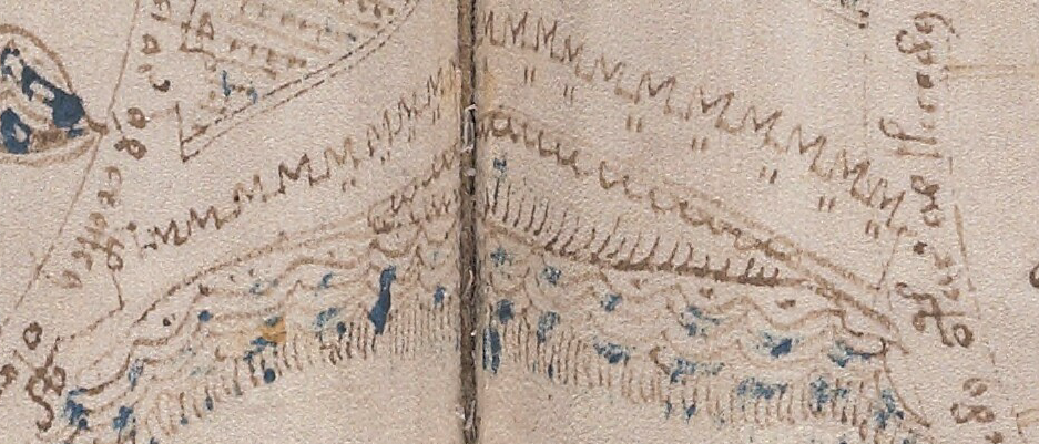 Long line of Ghibelline merlons at the base of the Voynich Manuscript "rosettes" folio.
