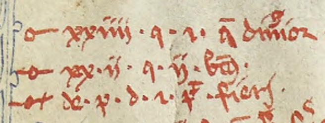 Detail of the red ink in the margins of a University of Florida library 13th-century manuscript.