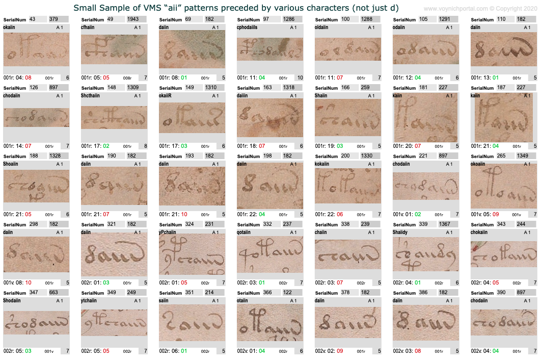 A small sample of "ain" patterns in the Voynich Manuscript illustrating that not all are preceded by EVA-d.