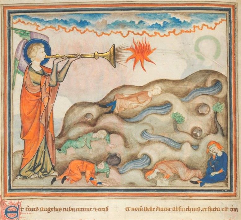 The blowing of the third trumpet in the Cloisters Apocalypse, c. 1330.