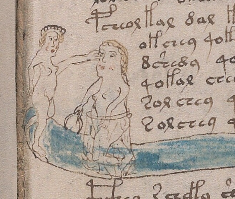 Voynich Manuscript f80r nymph poking an eye and holding something similar to calipers or a drawing compass
